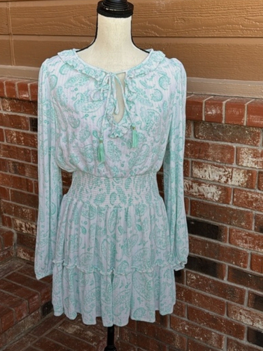 House of Harlow 1960 Mint Paisley Long-Sleeve Smocked Mini Dress